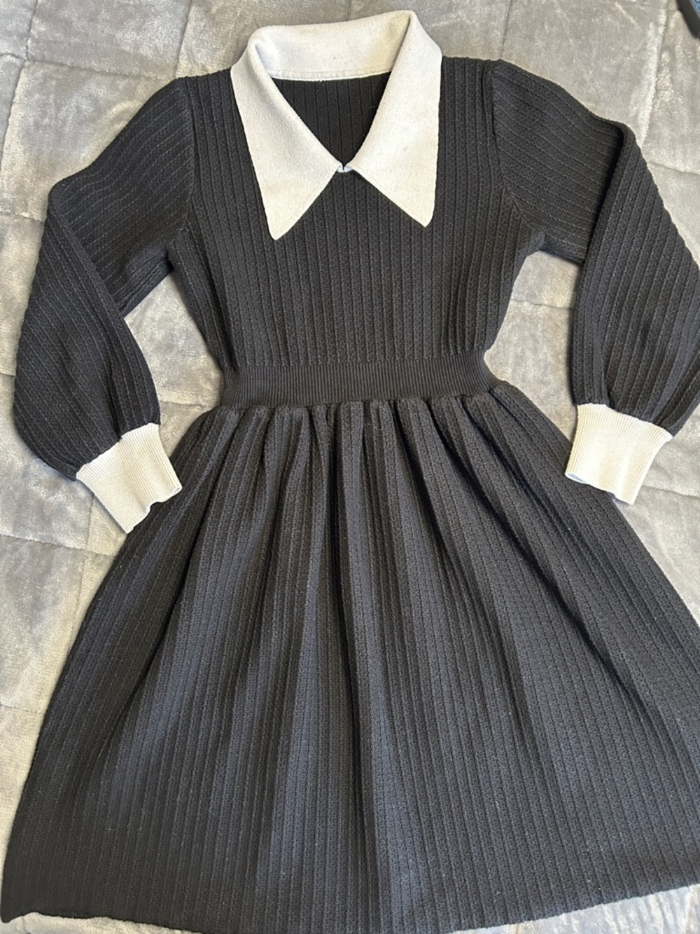 Girls Black Knit Dress with Off-White Collar and Cuffs